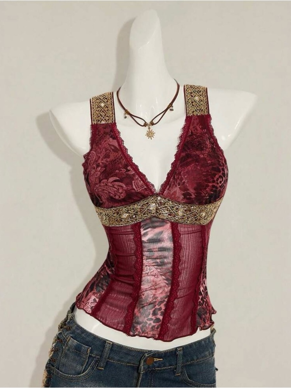 Burgundy Lace & Mixed-Print Bustier Tank with Gold Trim